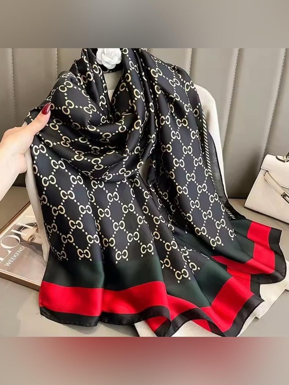 New Black Satin Scarf with Red Border and Cream Chain Motif